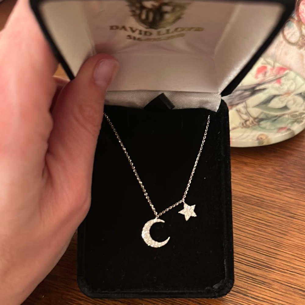 White Gold Moon and Star Diamond Necklace
